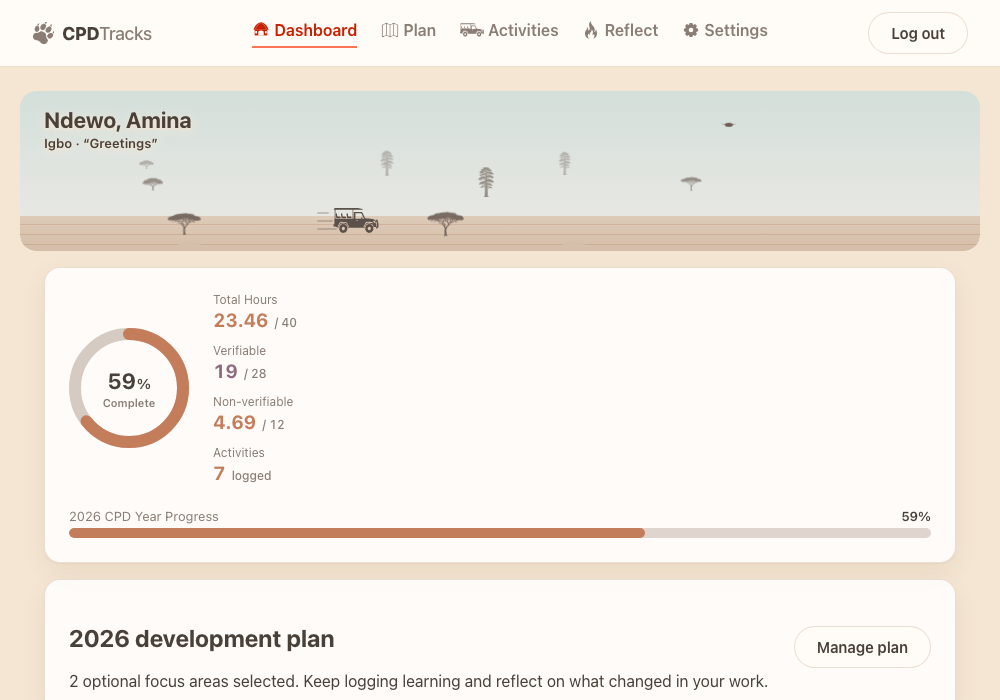 The CPDTracks dashboard in a desktop browser, showing current-year progress and recent learning activity