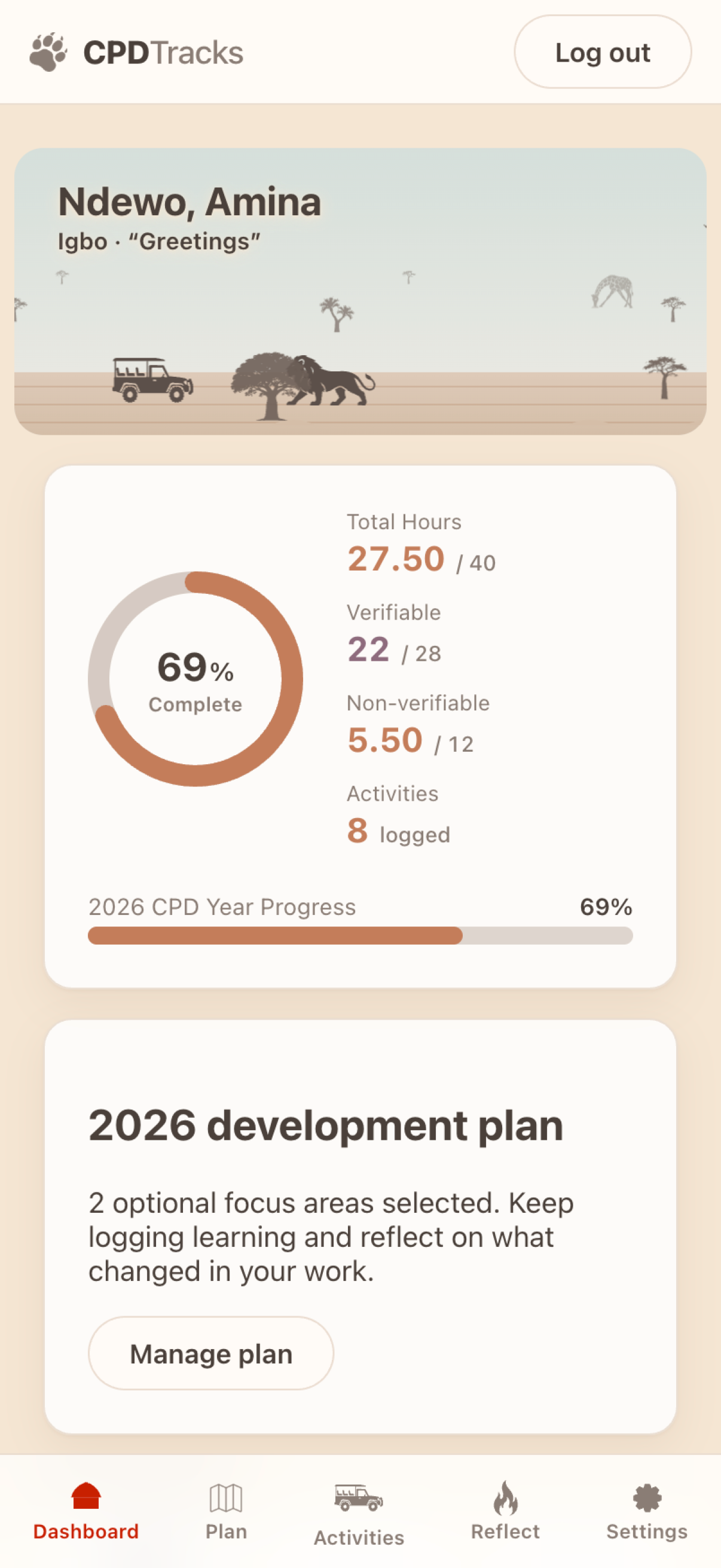The same CPDTracks dashboard in the compact mobile browser layout
